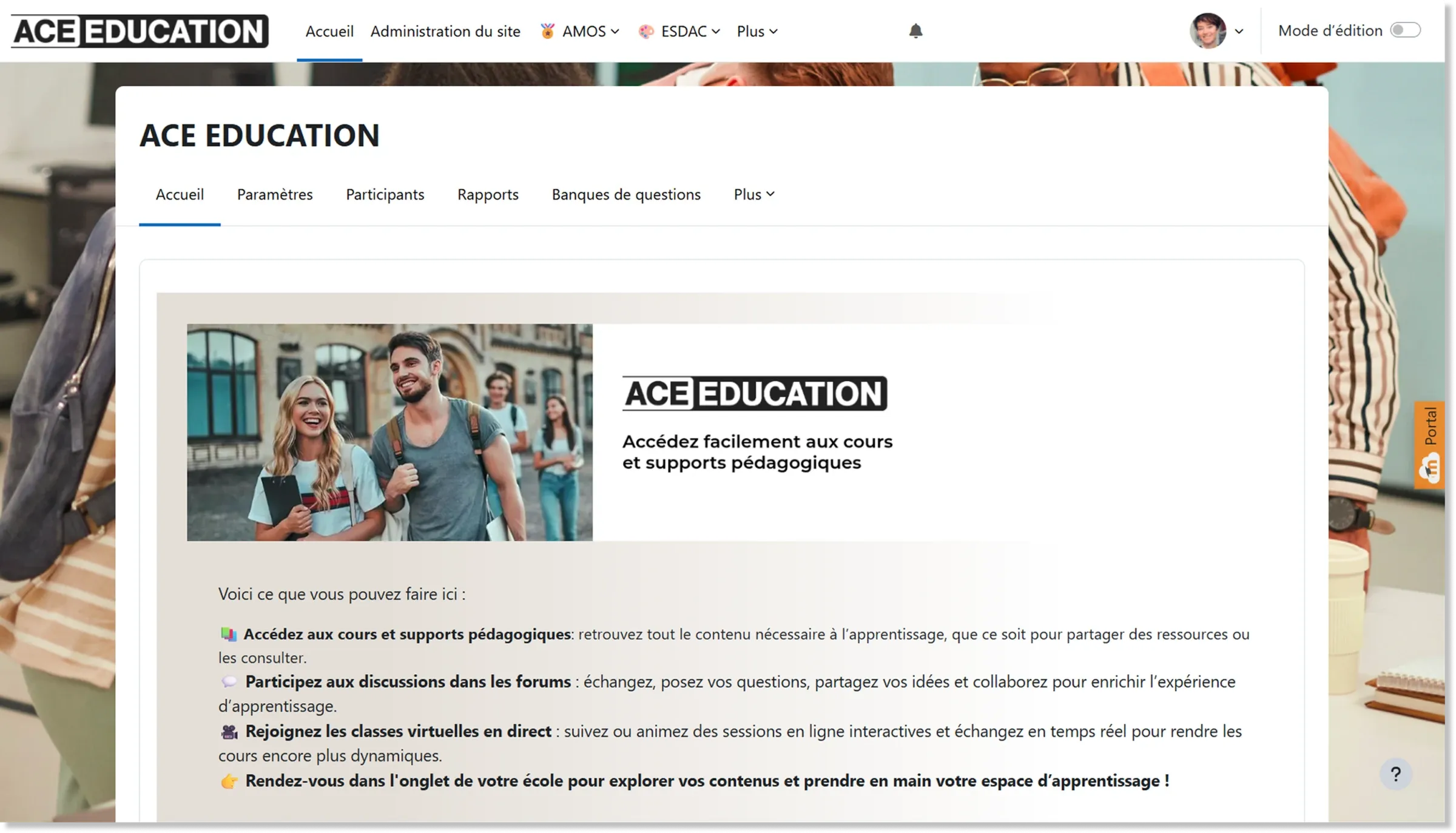 Page d’accueil de la plateforme Moodle ACE Education