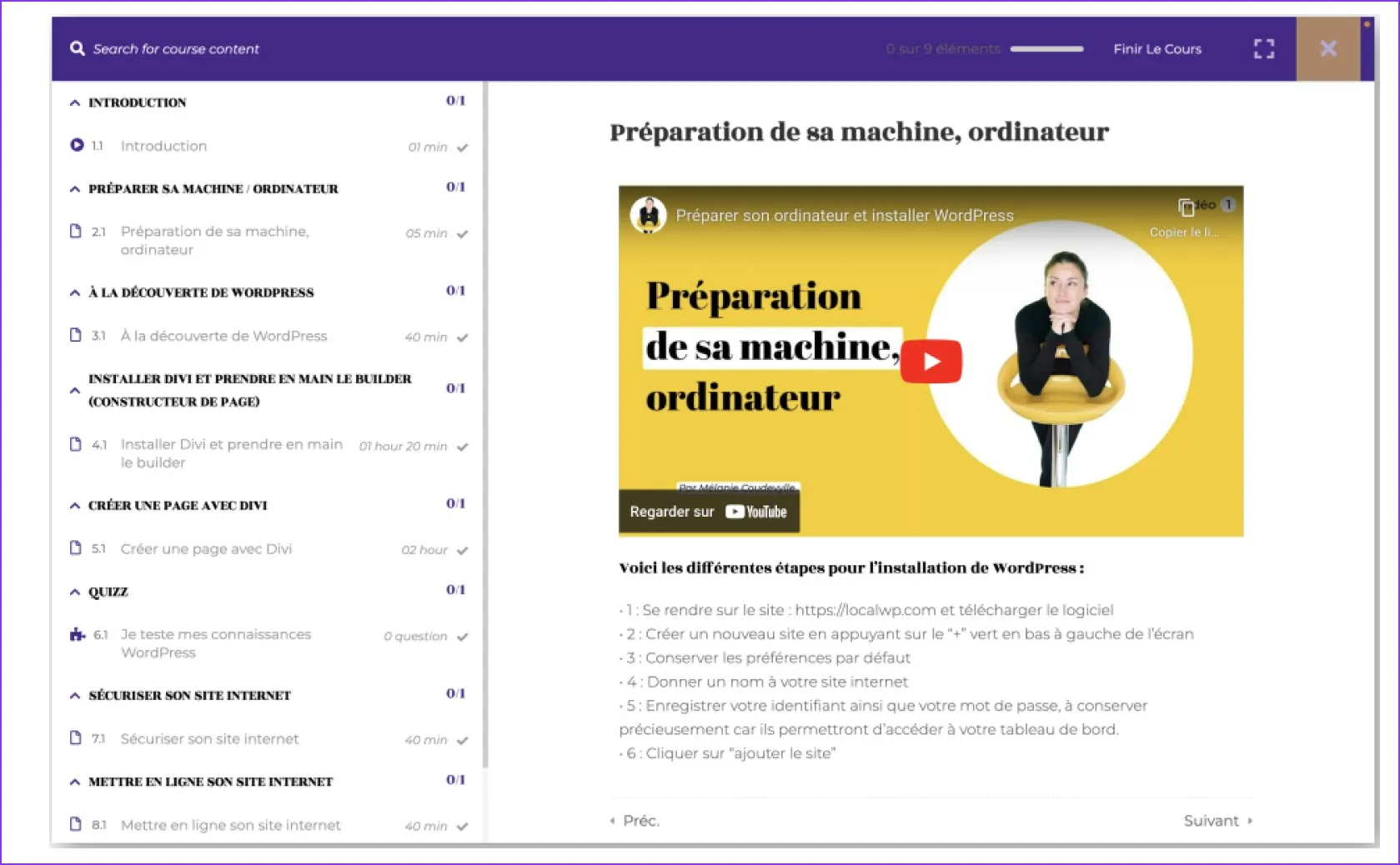 Module vidéo « Préparation de sa machine » de la formation WordPress