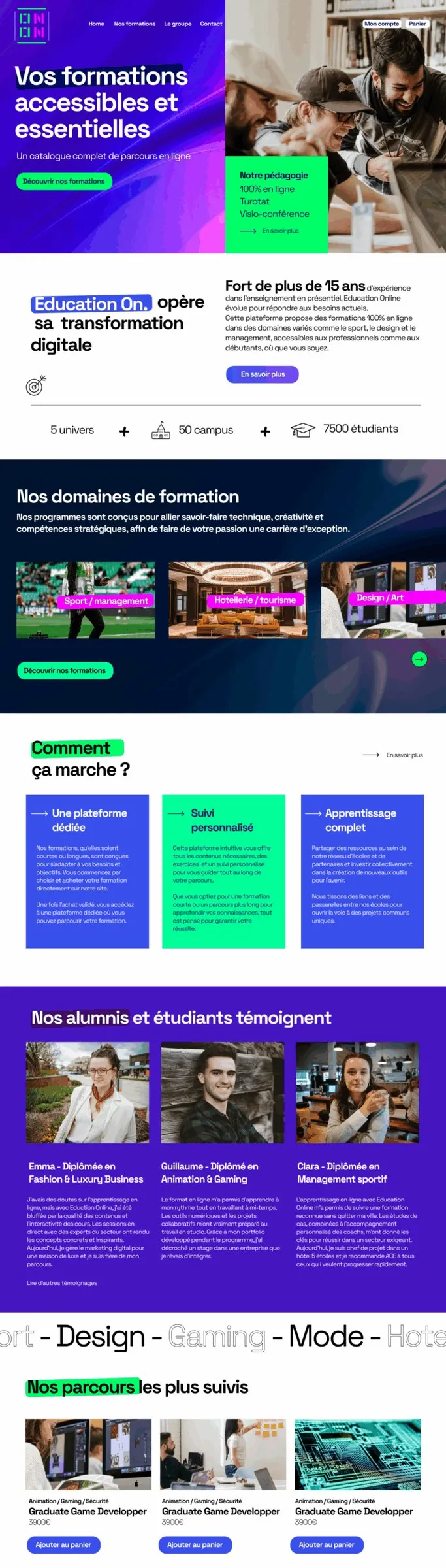 Pages du site de vente et de la plateforme de formation