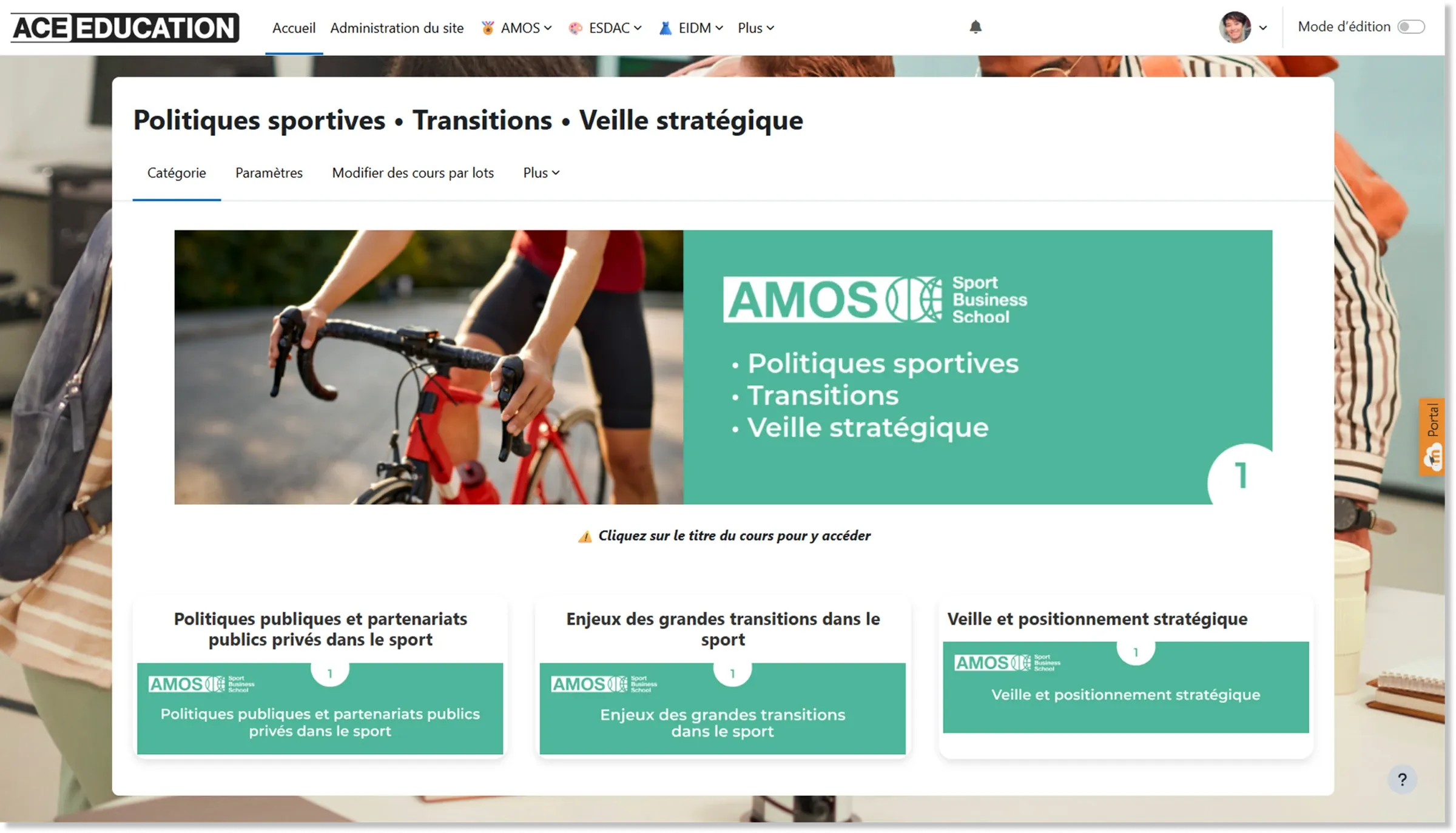Cours « Politiques sportives, transitions, veille stratégique » sur la plateforme AMOS