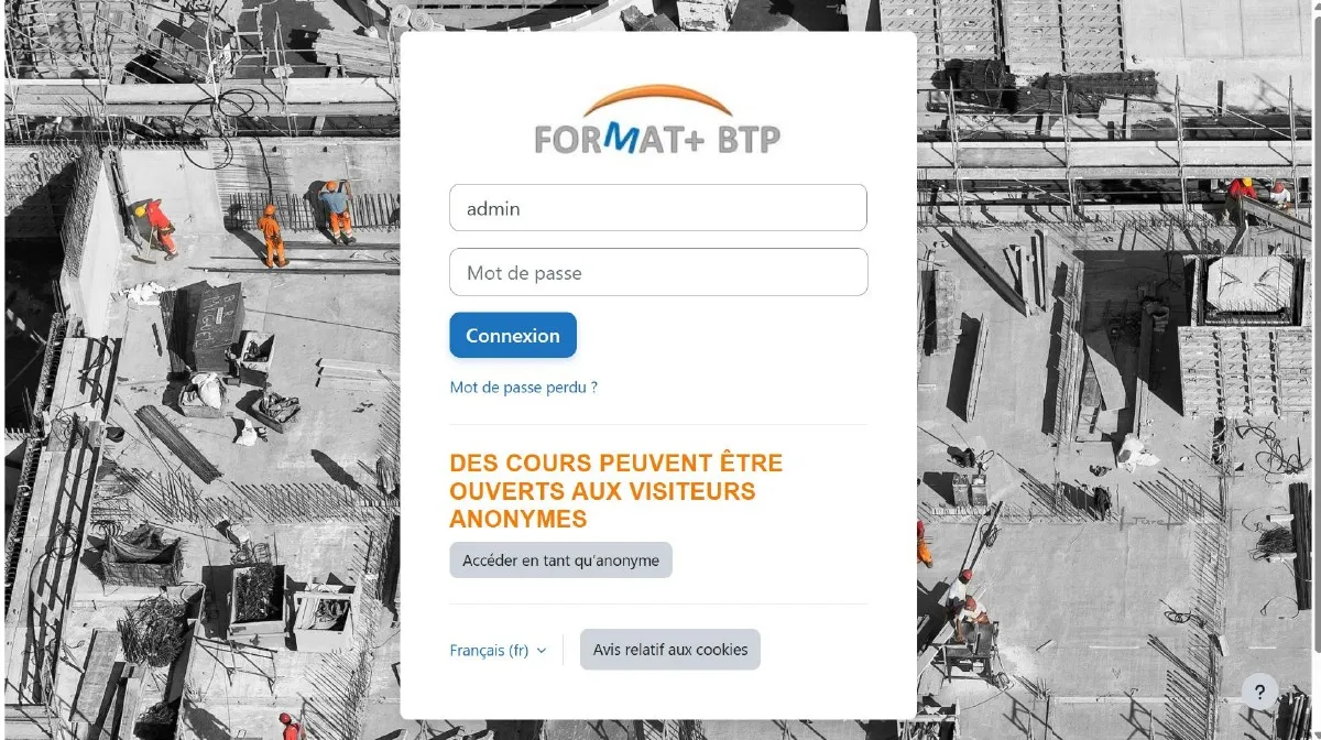 Page de connexion de la plateforme Moodle FORMAT+ BTP, ouverte aux visiteurs anonymes
