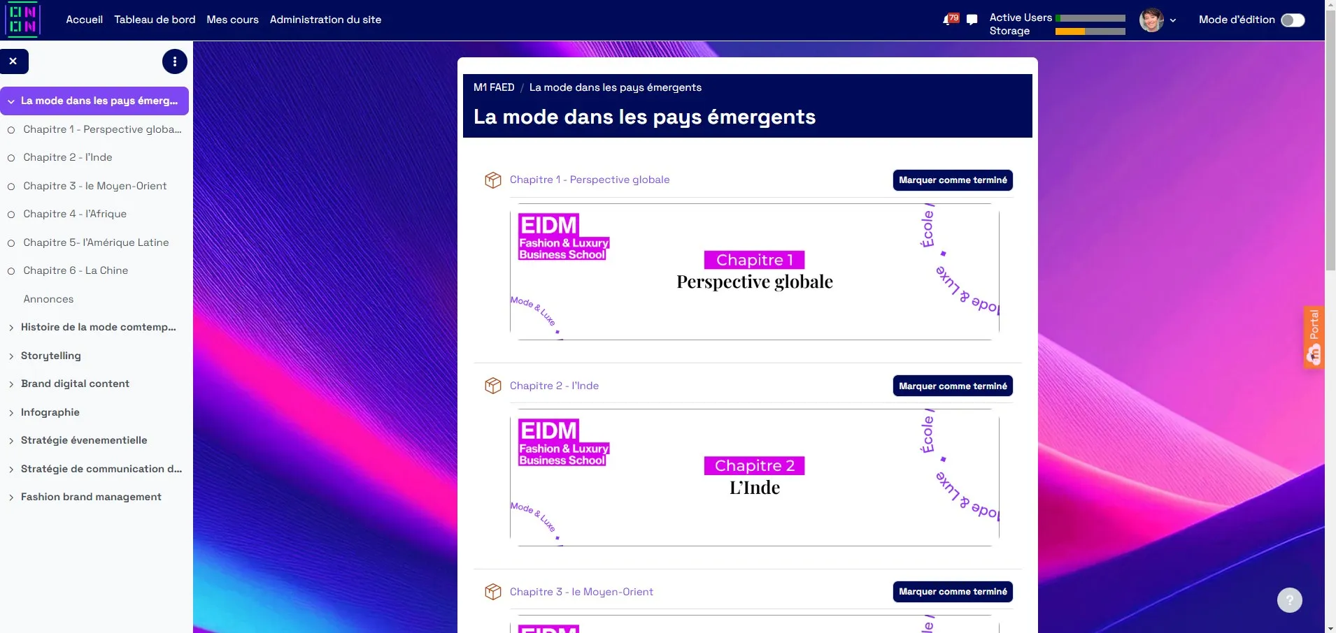 Cours « La mode dans les pays émergents » sur la plateforme Moodle stylisée