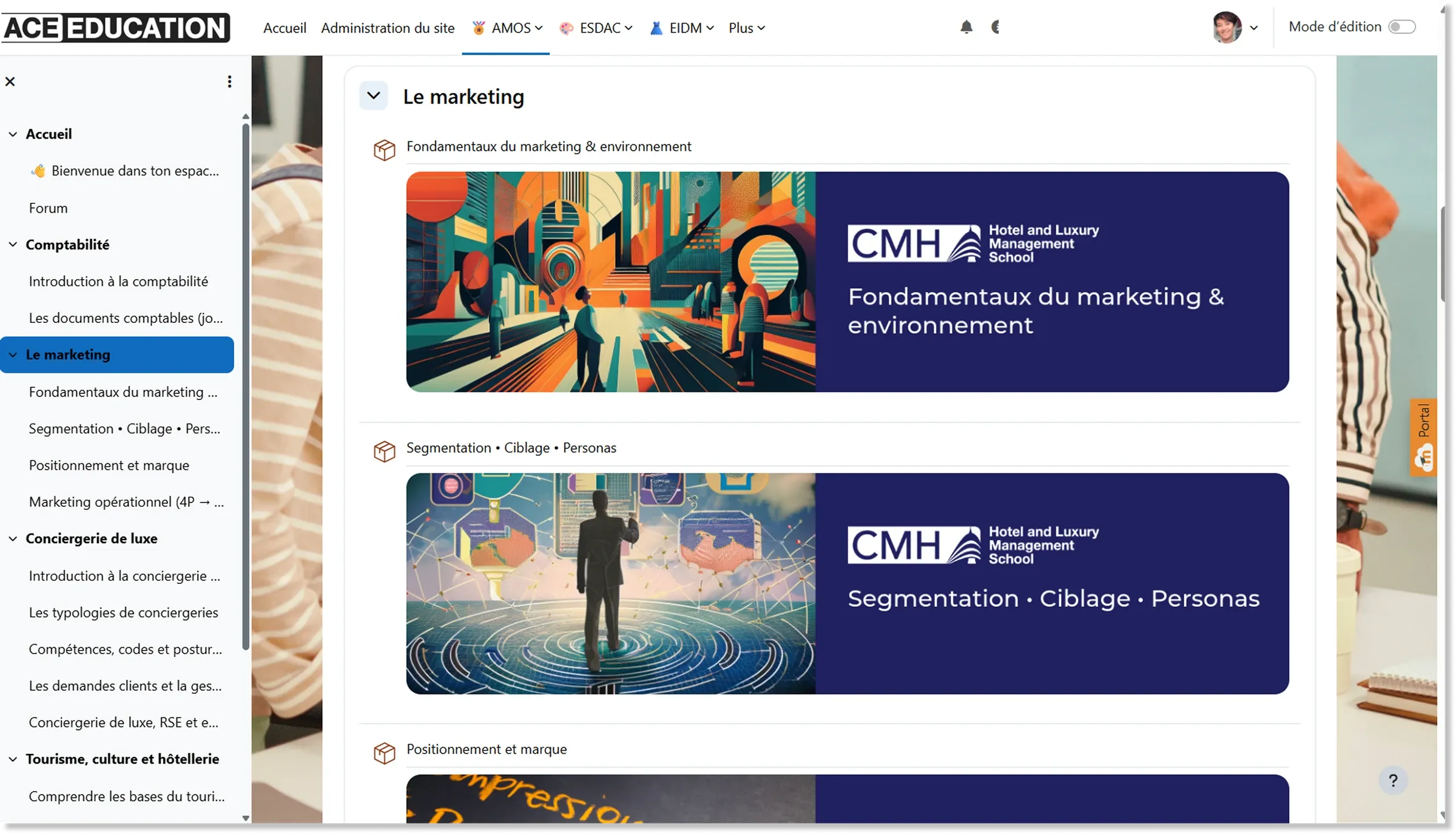 Parcours marketing de l’école CMH avec ses modules illustrés