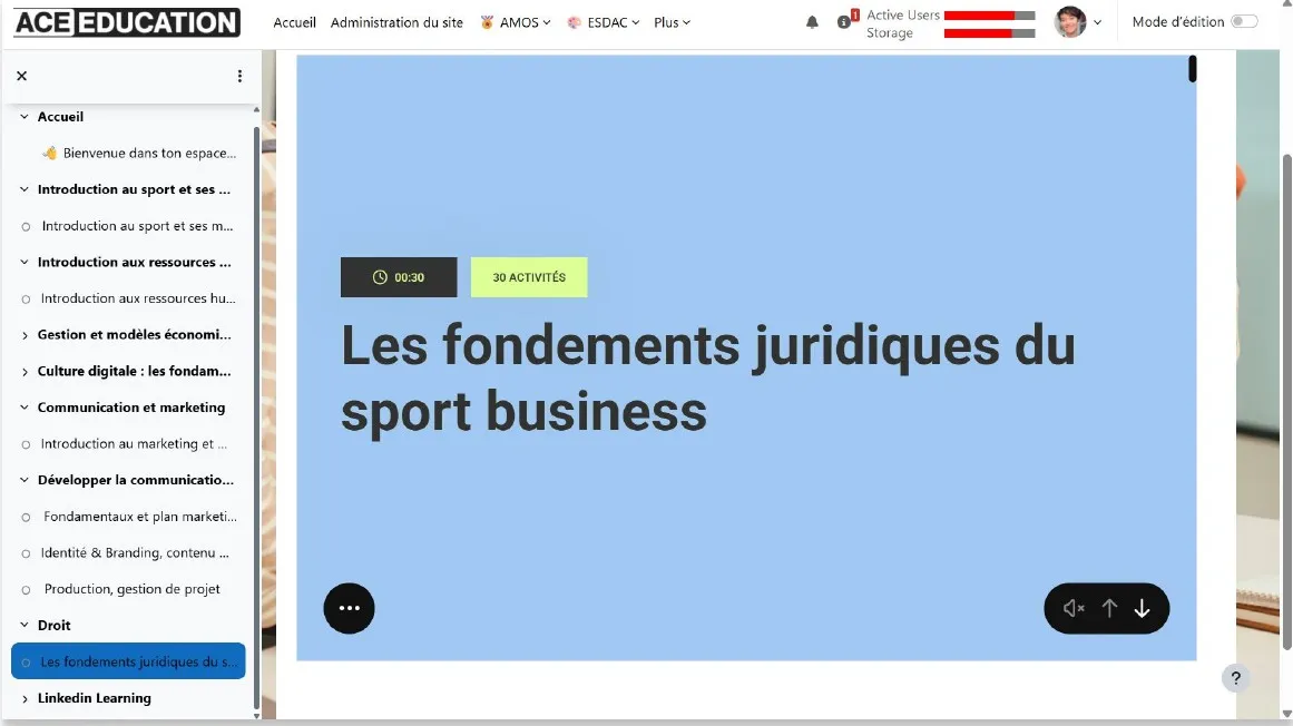 Écran d’ouverture du module « Les fondements juridiques du sport business »