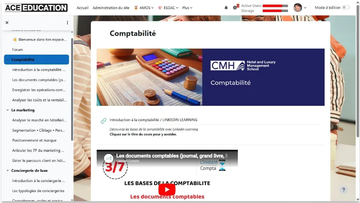 Cours de comptabilité avec une ressource LinkedIn Learning intégrée