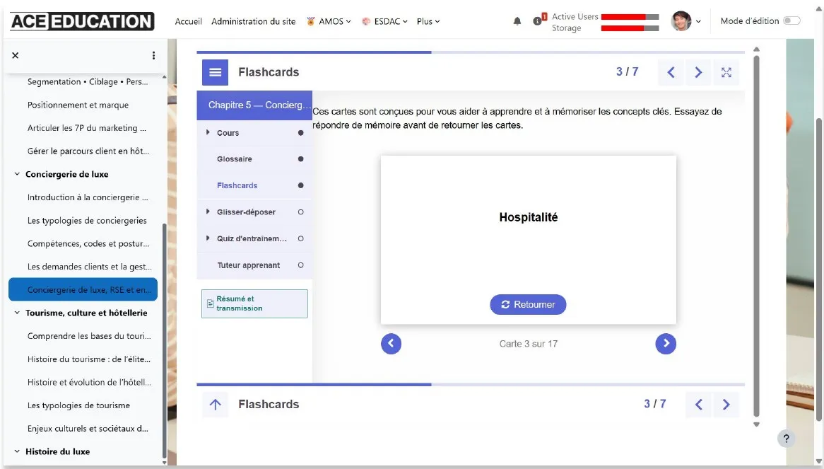 Flashcards de révision intégrées à un cours Moodle